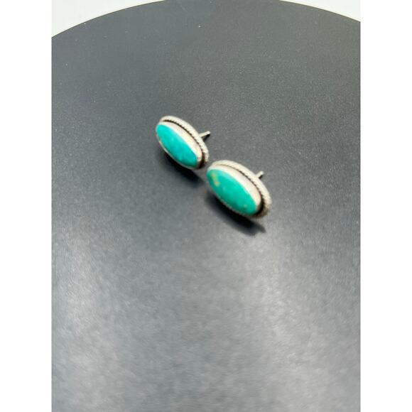 Signed Sterling Silver Turquoise Oval Rope Bezel Post Stud Earrings 17mm - Picture 10 of 14